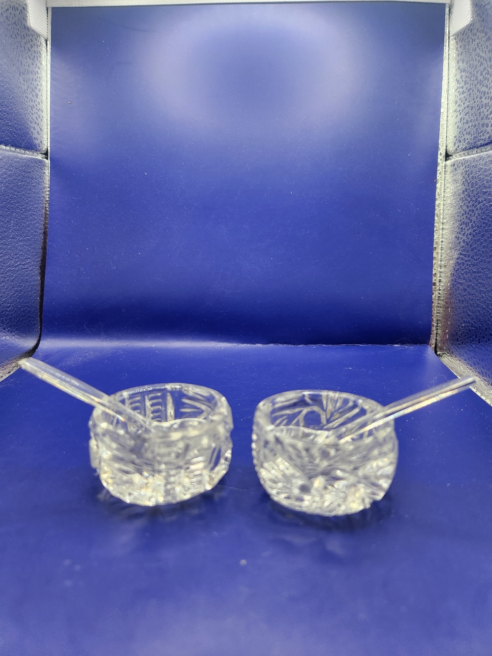 Vintage Cut Crystal Glass Open Salt Cellars with Spoons, Set Of 2
